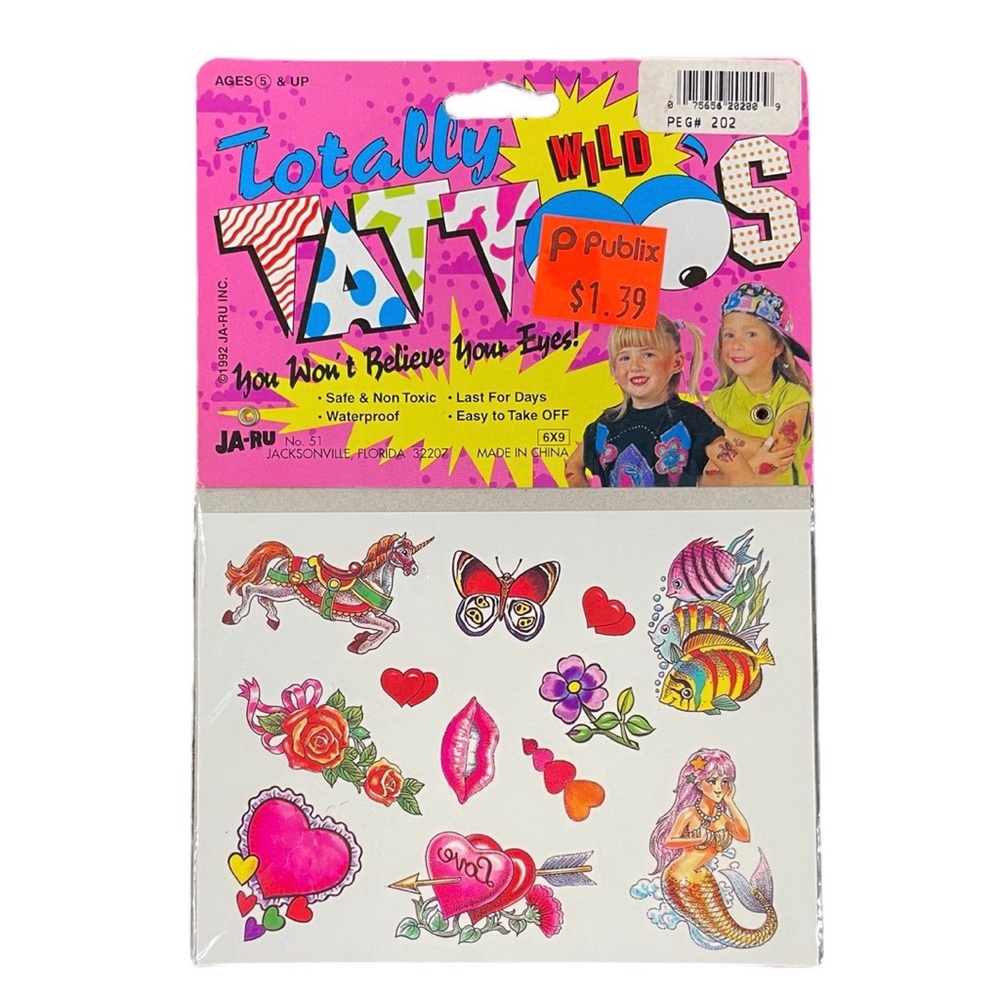 1992 Publix Temporary Tattoos for Girl- Mermaid, Unicorn, Flowers, Hearts